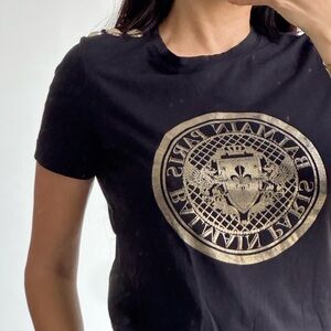 Balmain Black Tee with Gold Emblem